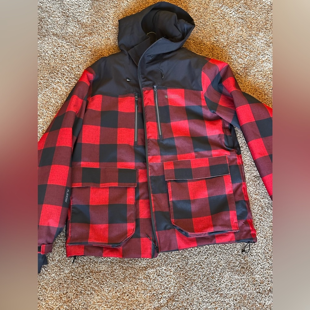 Red and Black Ski Jacket with Buffalo Plaid